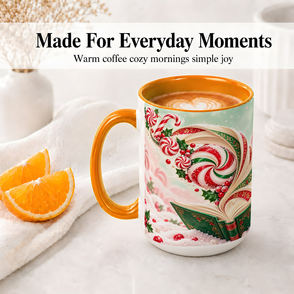 #pl[15oz|Orange] Christmas Candy Book Accent Ceramic Mug, Peppermint Holly Art