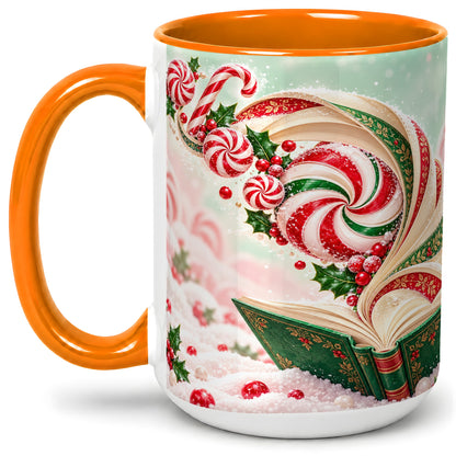 #pl[15oz|Orange] Christmas Candy Book Accent Ceramic Mug, Peppermint Holly Art