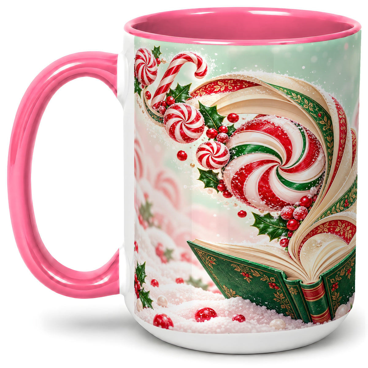 #pl[15oz|Pink] Christmas Candy Book Accent Ceramic Mug, Peppermint Holly Art