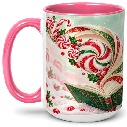 #pl[15oz|Pink] Christmas Candy Book Accent Ceramic Mug, Peppermint Holly Art