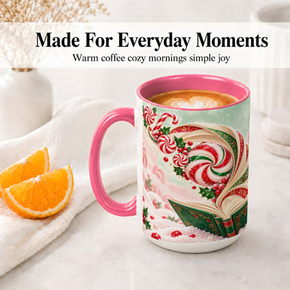 #pl[15oz|Pink] Christmas Candy Book Accent Ceramic Mug, Peppermint Holly Art