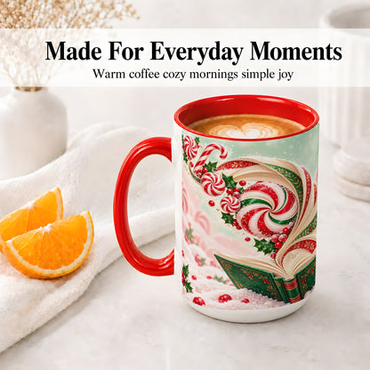 #pl[15oz|Red] Christmas Candy Book Accent Ceramic Mug, Peppermint Holly Art