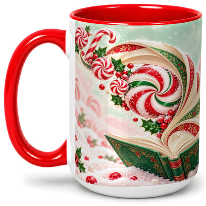 #pl[15oz|Red] Christmas Candy Book Accent Ceramic Mug, Peppermint Holly Art