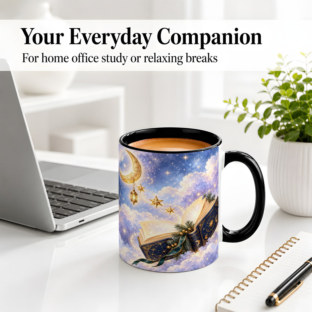 #pl[11oz|Black] Celestial Winter Book Accent Ceramic Mug, Moon and Stars Art