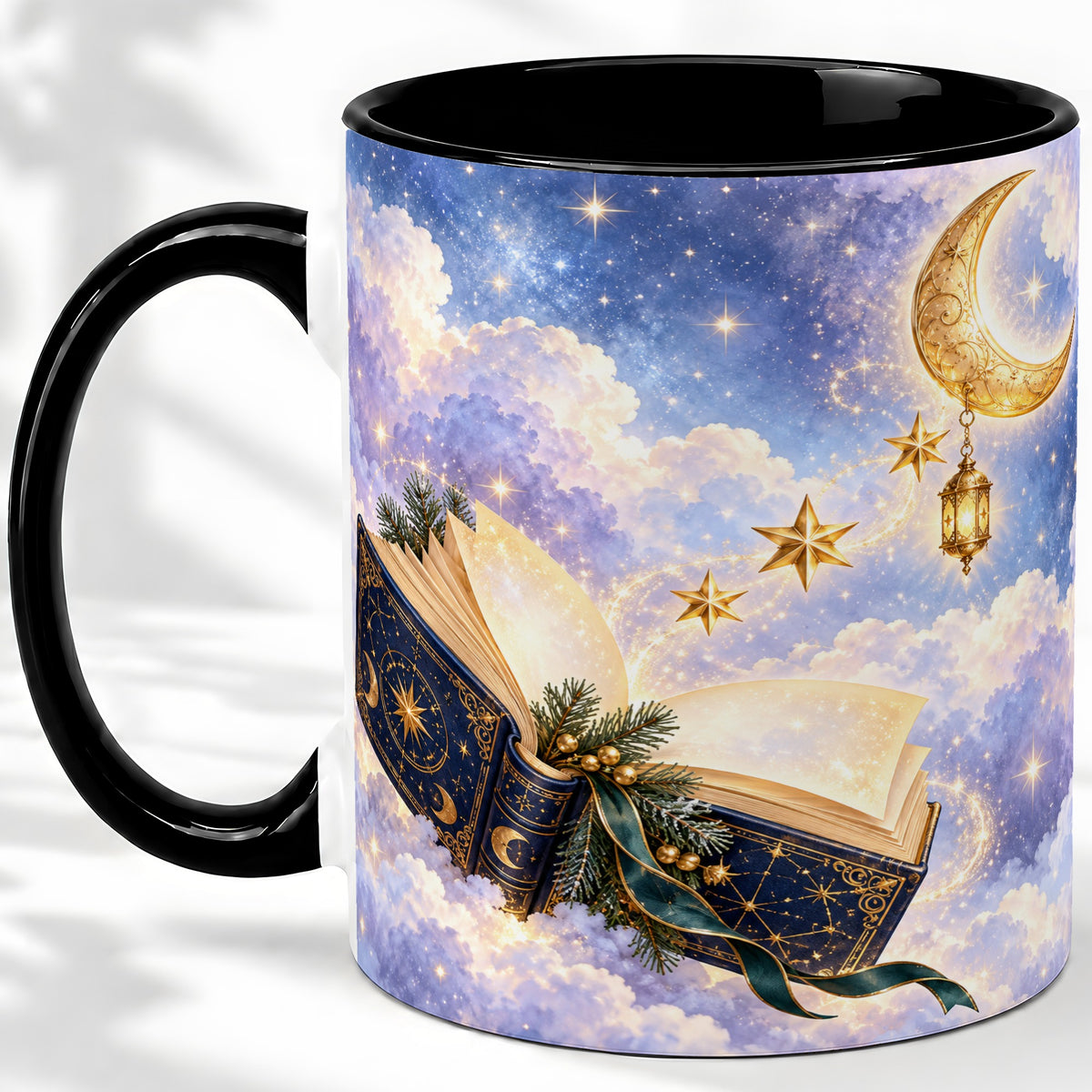 #pl[11oz|Black] Celestial Winter Book Accent Ceramic Mug, Moon and Stars Art