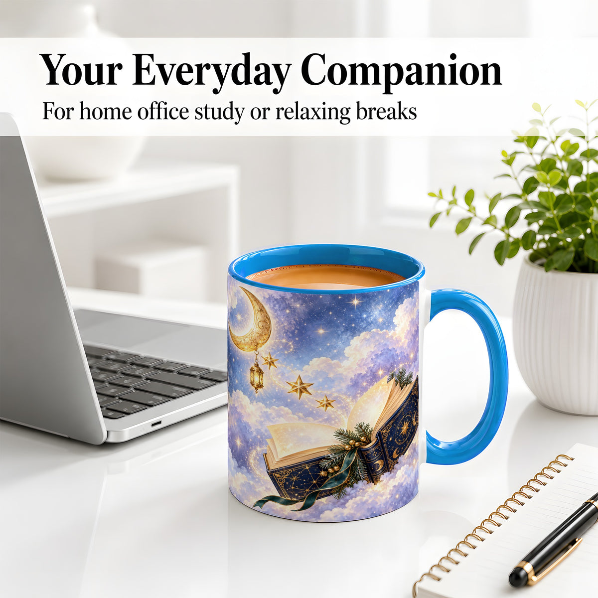 #pl[11oz|Blue] Celestial Winter Book Accent Ceramic Mug, Moon and Stars Art