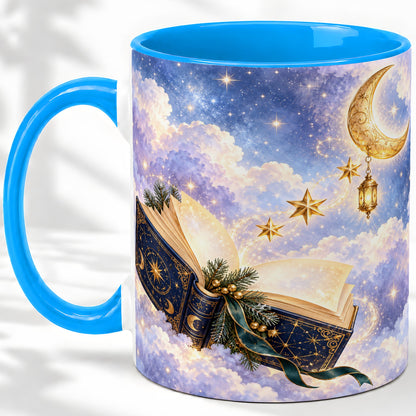 #pl[11oz|Blue] Celestial Winter Book Accent Ceramic Mug, Moon and Stars Art