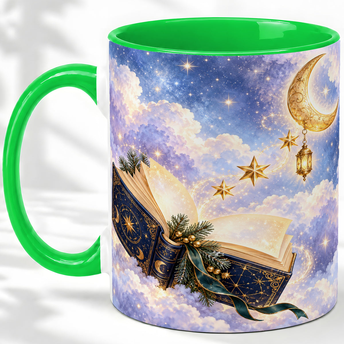 #pl[11oz|Green] Celestial Winter Book Accent Ceramic Mug, Moon and Stars Art