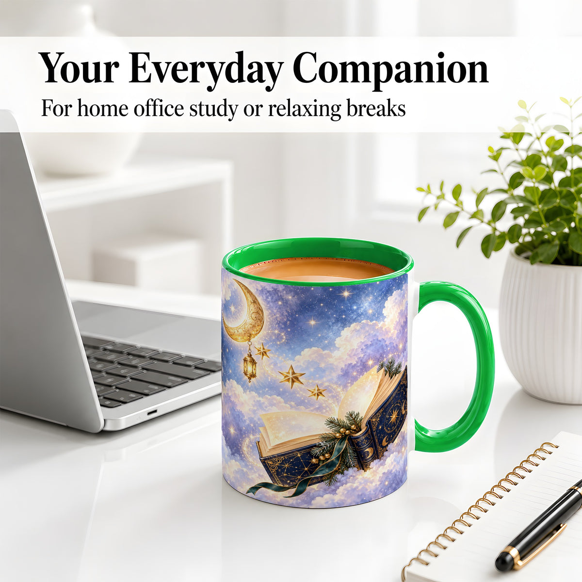 #pl[11oz|Green] Celestial Winter Book Accent Ceramic Mug, Moon and Stars Art