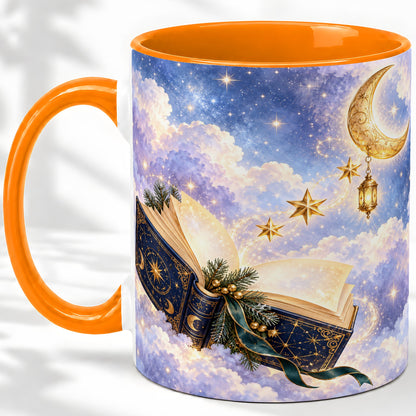 #pl[11oz|Orange] Celestial Winter Book Accent Ceramic Mug, Moon and Stars Art