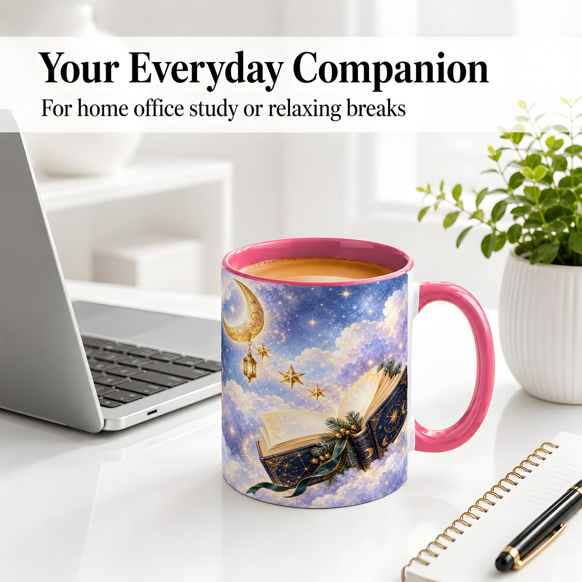 #pl[11oz|Pink] Celestial Winter Book Accent Ceramic Mug, Moon and Stars Art