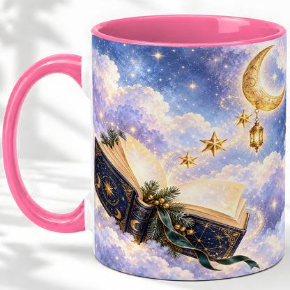 #pl[11oz|Pink] Celestial Winter Book Accent Ceramic Mug, Moon and Stars Art