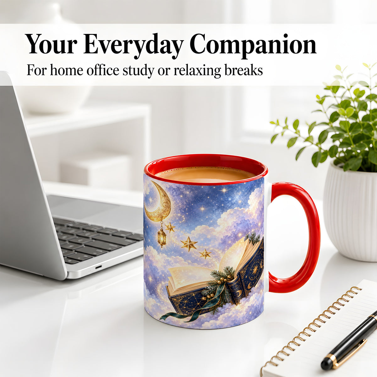 #pl[11oz|Red] Celestial Winter Book Accent Ceramic Mug, Moon and Stars Art