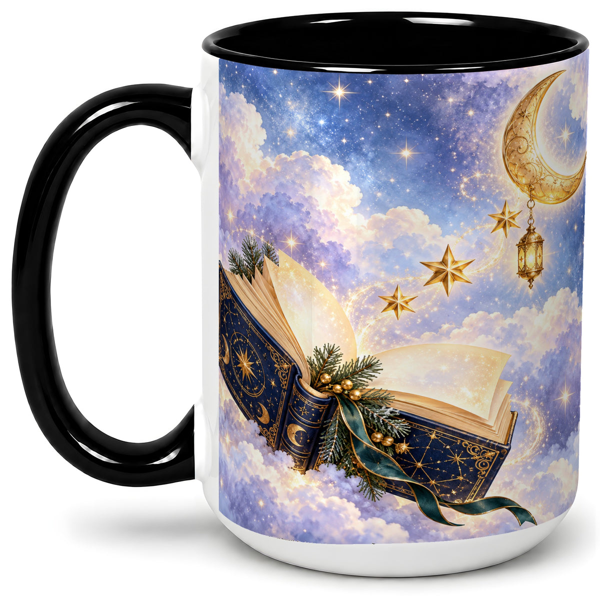 #pl[15oz|Black] Celestial Winter Book Accent Ceramic Mug, Moon and Stars Art