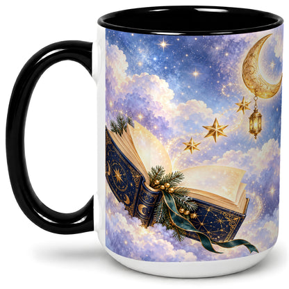 #pl[15oz|Black] Celestial Winter Book Accent Ceramic Mug, Moon and Stars Art