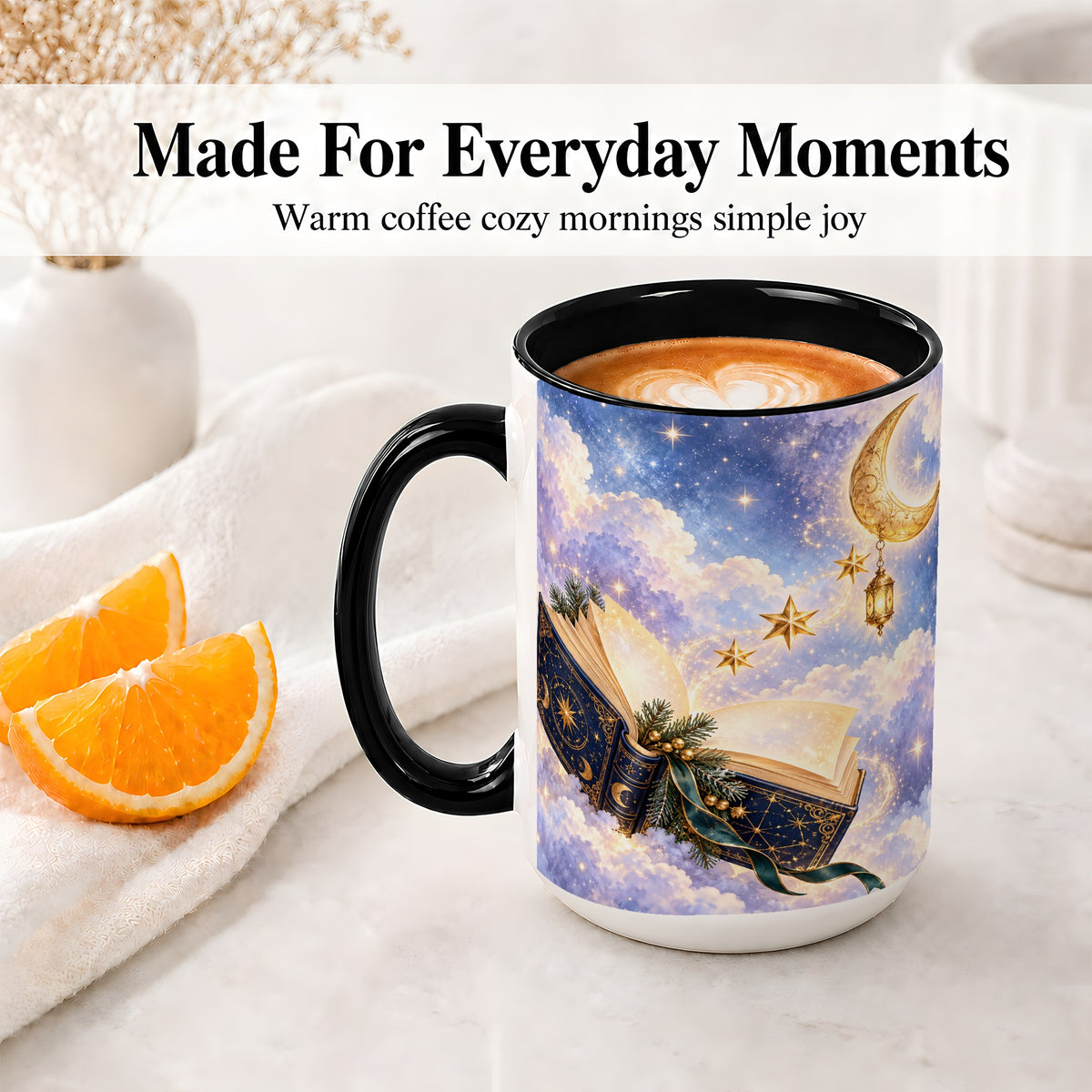 #pl[15oz|Black] Celestial Winter Book Accent Ceramic Mug, Moon and Stars Art