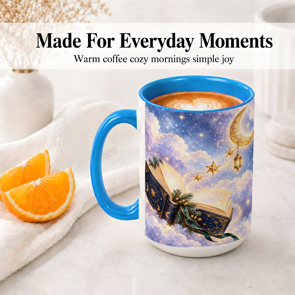 #pl[15oz|Blue] Celestial Winter Book Accent Ceramic Mug, Moon and Stars Art