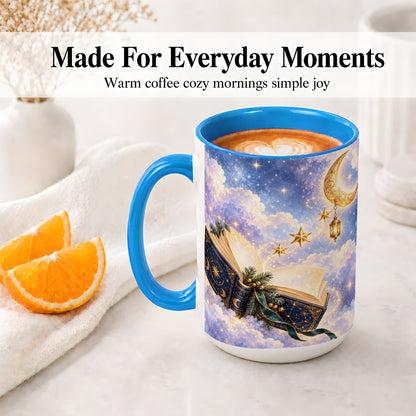 #pl[15oz|Blue] Celestial Winter Book Accent Ceramic Mug, Moon and Stars Art