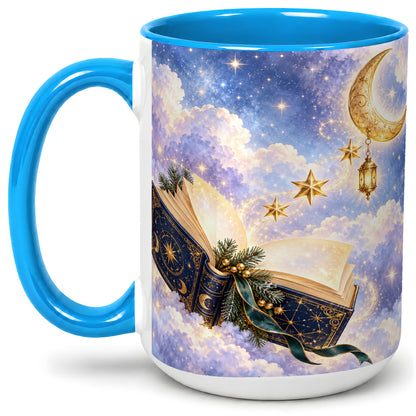 #pl[15oz|Blue] Celestial Winter Book Accent Ceramic Mug, Moon and Stars Art