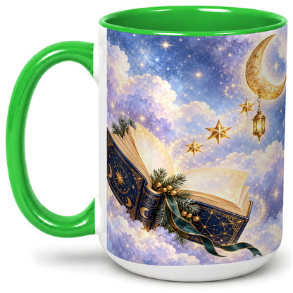 #pl[15oz|Green] Celestial Winter Book Accent Ceramic Mug, Moon and Stars Art