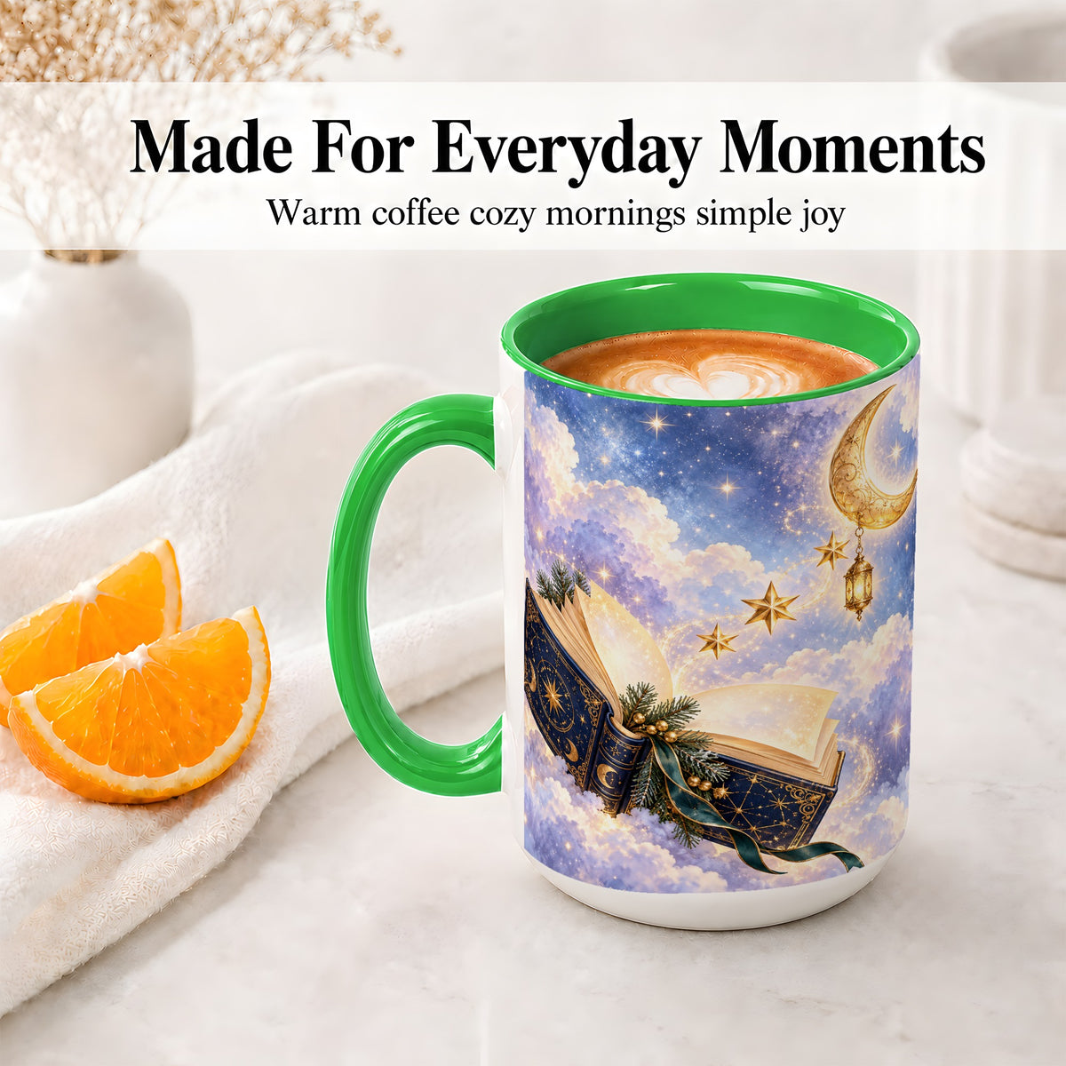 #pl[15oz|Green] Celestial Winter Book Accent Ceramic Mug, Moon and Stars Art