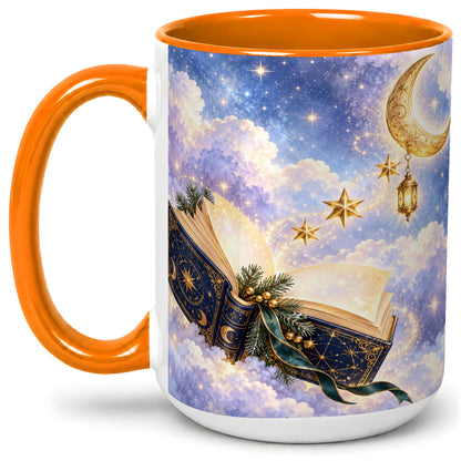 #pl[15oz|Orange] Celestial Winter Book Accent Ceramic Mug, Moon and Stars Art