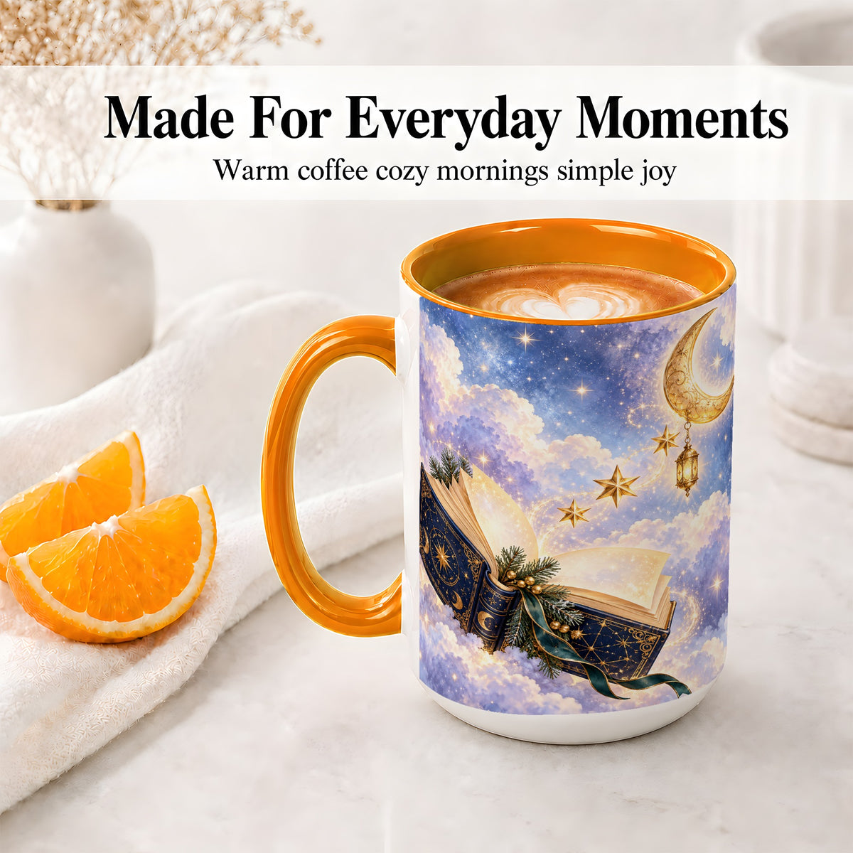 #pl[15oz|Orange] Celestial Winter Book Accent Ceramic Mug, Moon and Stars Art