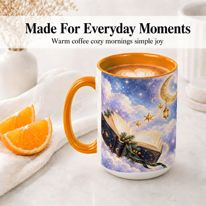 #pl[15oz|Orange] Celestial Winter Book Accent Ceramic Mug, Moon and Stars Art