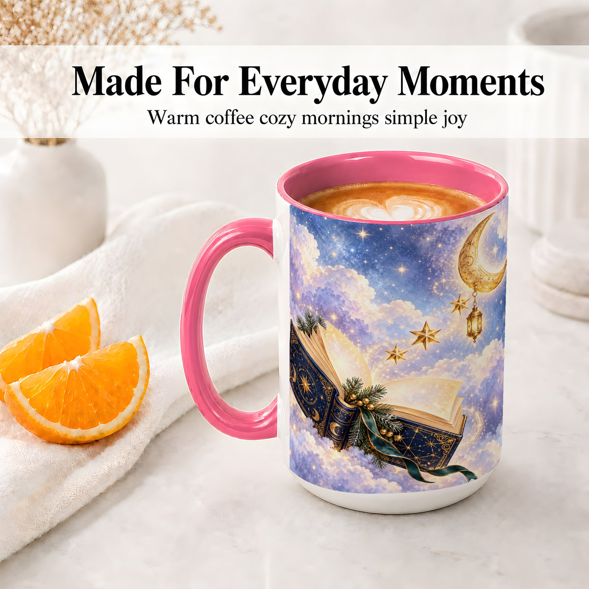 #pl[15oz|Pink] Celestial Winter Book Accent Ceramic Mug, Moon and Stars Art
