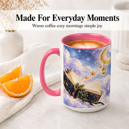 #pl[15oz|Pink] Celestial Winter Book Accent Ceramic Mug, Moon and Stars Art