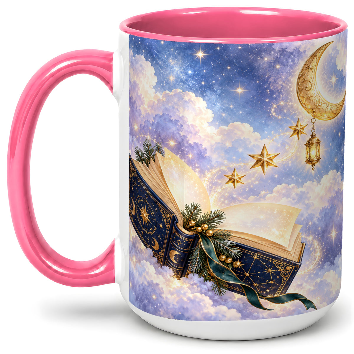 #pl[15oz|Pink] Celestial Winter Book Accent Ceramic Mug, Moon and Stars Art