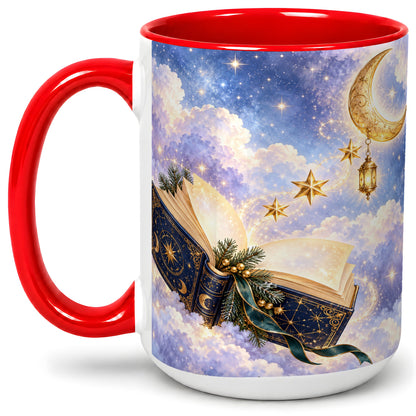 #pl[15oz|Red] Celestial Winter Book Accent Ceramic Mug, Moon and Stars Art