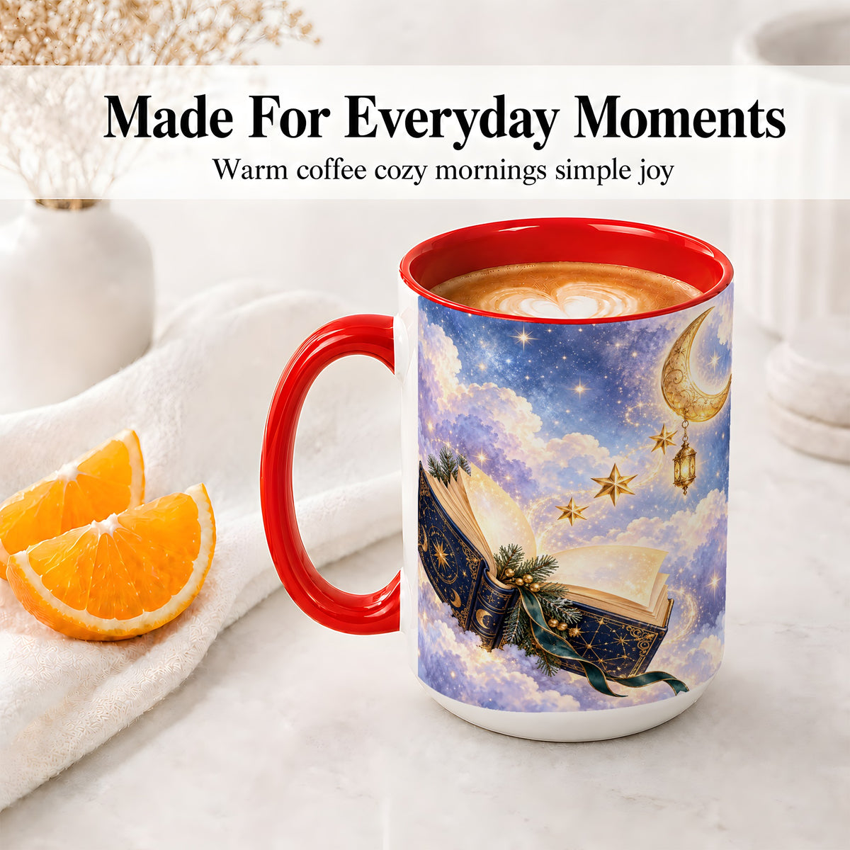 #pl[15oz|Red] Celestial Winter Book Accent Ceramic Mug, Moon and Stars Art