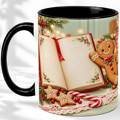 #pl[11oz|Black] Reading Gingerbread Christmas Accent Ceramic Mug, Cozy Book Art