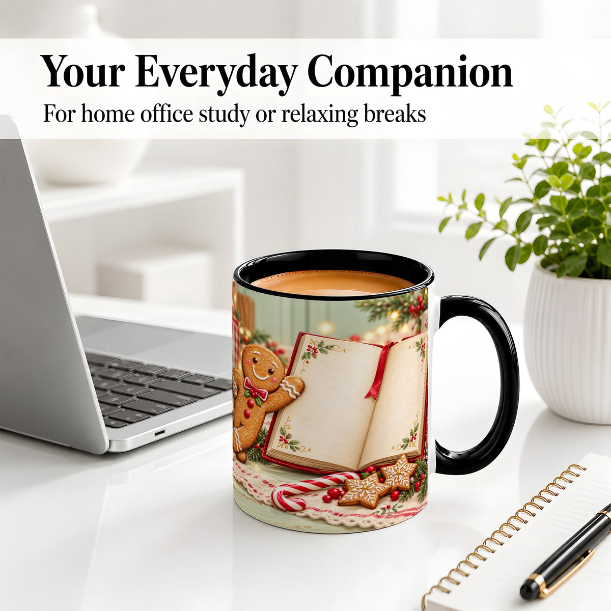 #pl[11oz|Black] Reading Gingerbread Christmas Accent Ceramic Mug, Cozy Book Art