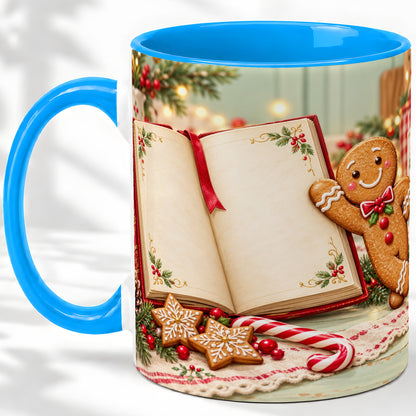 #pl[11oz|Blue] Reading Gingerbread Christmas Accent Ceramic Mug, Cozy Book Art