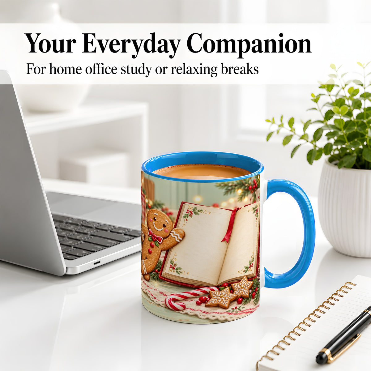 #pl[11oz|Blue] Reading Gingerbread Christmas Accent Ceramic Mug, Cozy Book Art