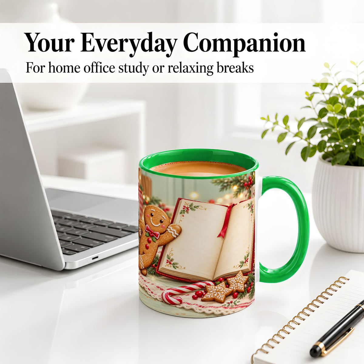 #pl[11oz|Green] Reading Gingerbread Christmas Accent Ceramic Mug, Cozy Book Art