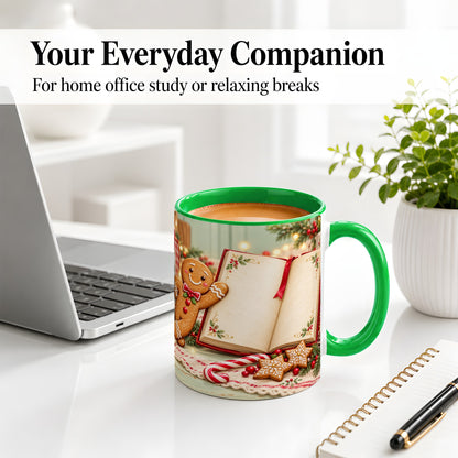#pl[11oz|Green] Reading Gingerbread Christmas Accent Ceramic Mug, Cozy Book Art