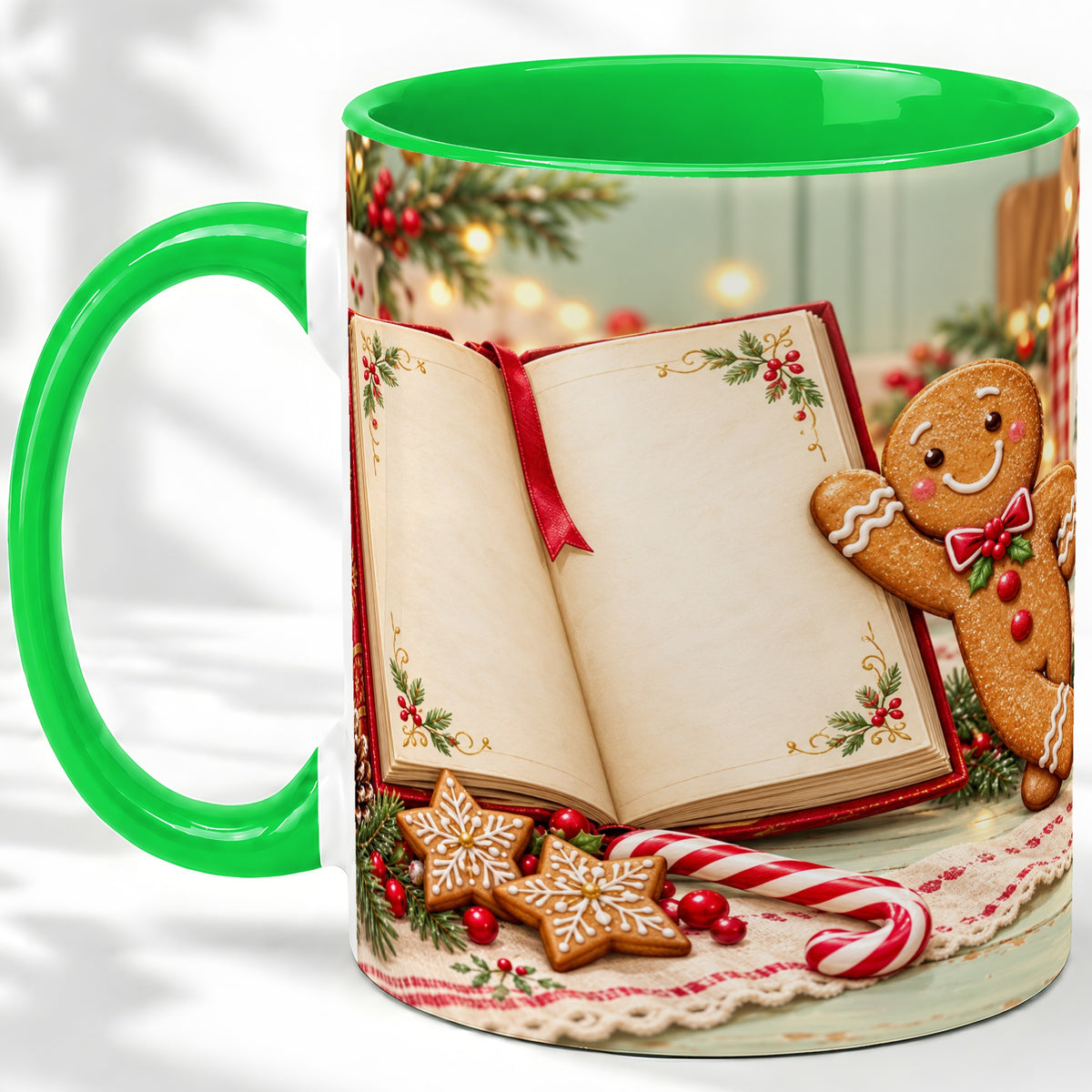 #pl[11oz|Green] Reading Gingerbread Christmas Accent Ceramic Mug, Cozy Book Art