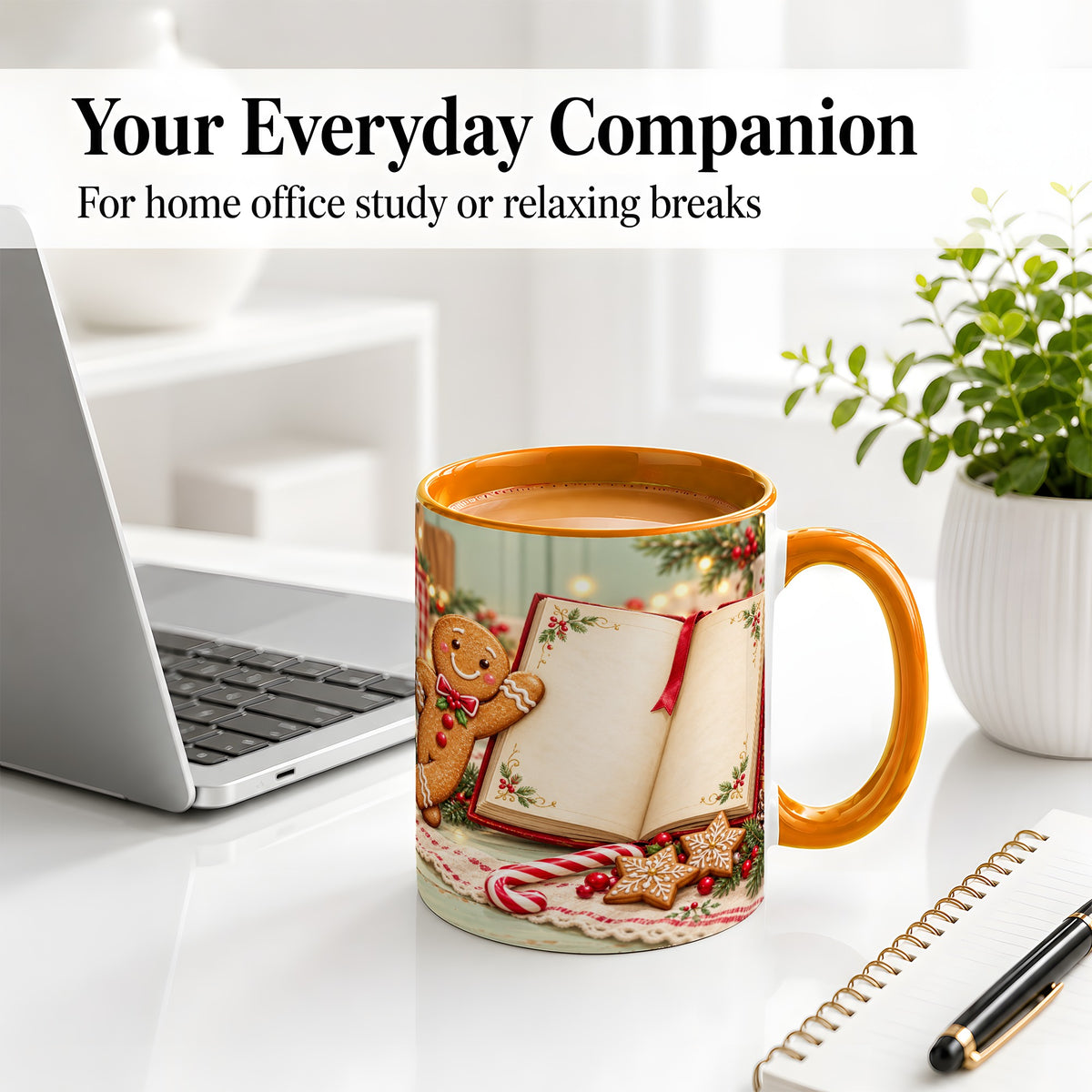 #pl[11oz|Orange] Reading Gingerbread Christmas Accent Ceramic Mug, Cozy Book Art