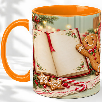 #pl[11oz|Orange] Reading Gingerbread Christmas Accent Ceramic Mug, Cozy Book Art