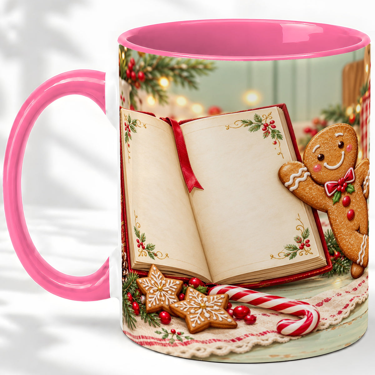 #pl[11oz|Pink] Reading Gingerbread Christmas Accent Ceramic Mug, Cozy Book Art