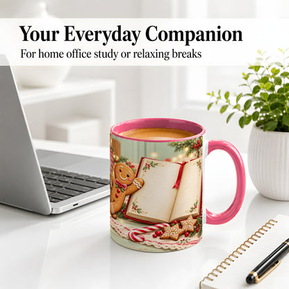 #pl[11oz|Pink] Reading Gingerbread Christmas Accent Ceramic Mug, Cozy Book Art