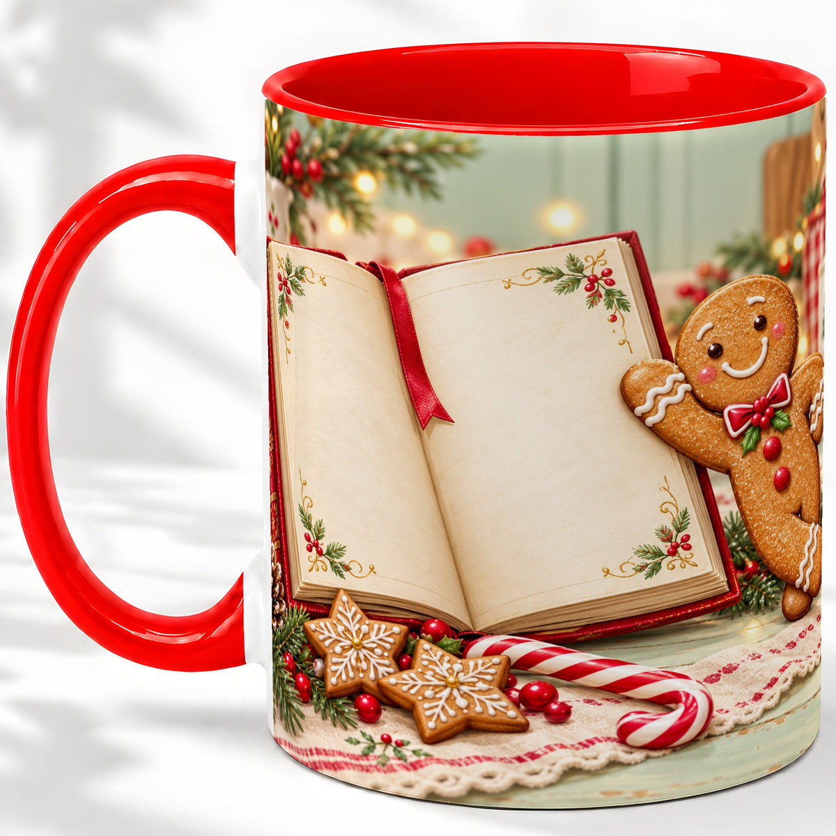 Reading Gingerbread Christmas Accent Ceramic Mug, Cozy Book Art