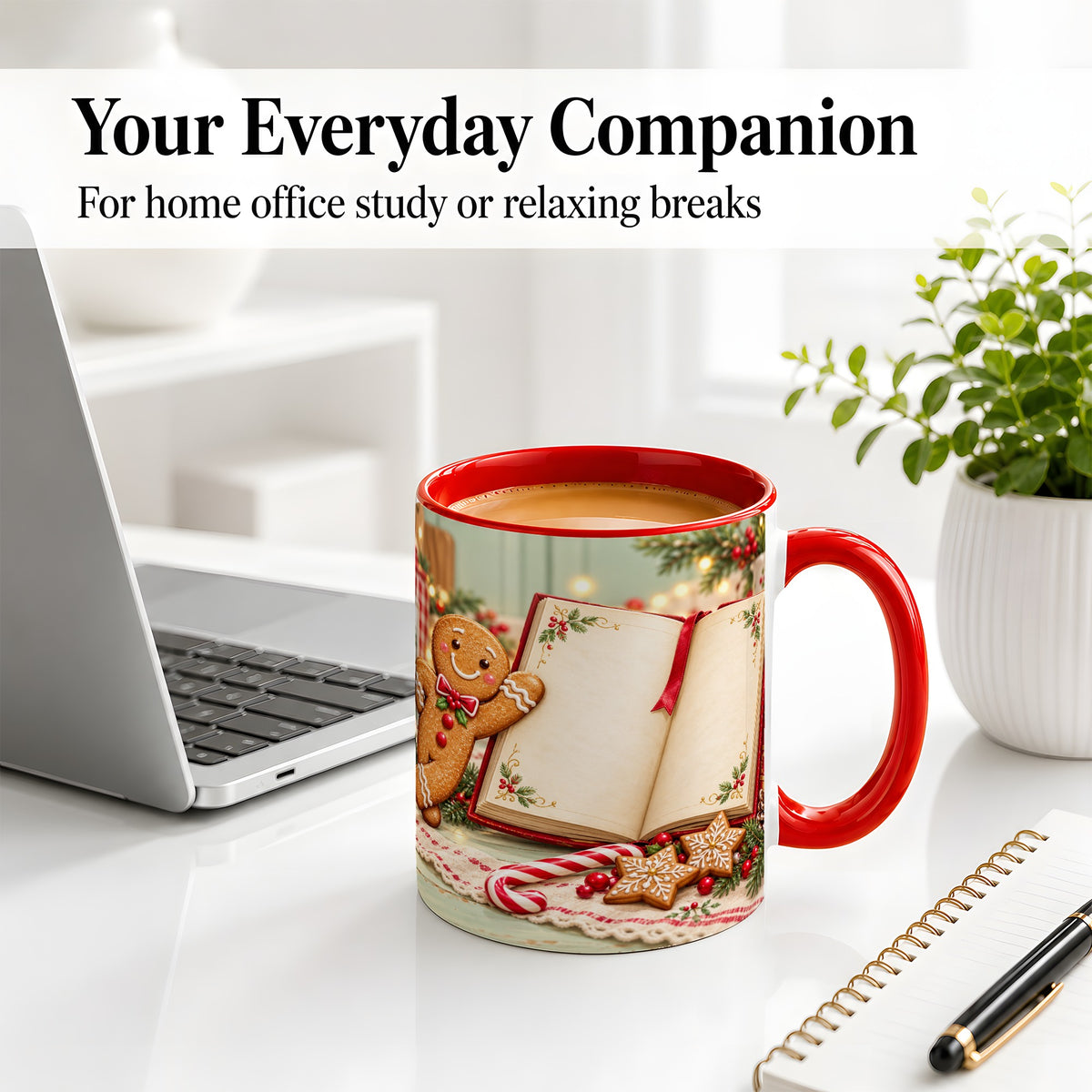 #pl[11oz|Red] Reading Gingerbread Christmas Accent Ceramic Mug, Cozy Book Art