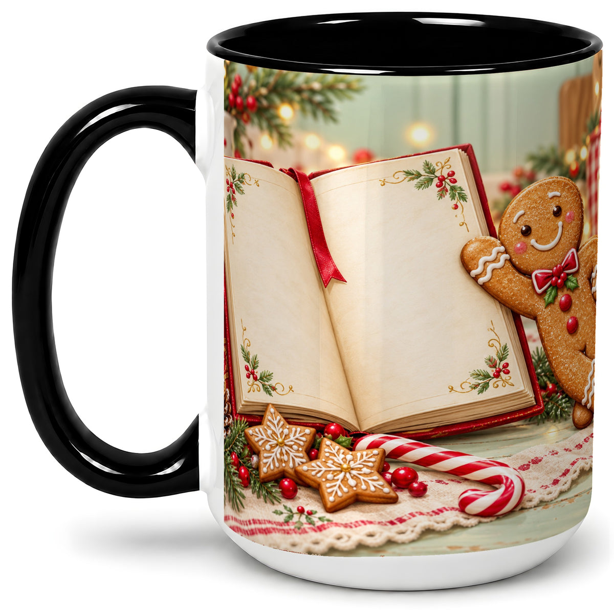 #pl[15oz|Black] Reading Gingerbread Christmas Accent Ceramic Mug, Cozy Book Art