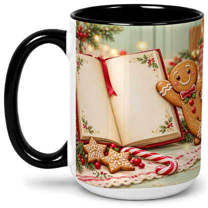 #pl[15oz|Black] Reading Gingerbread Christmas Accent Ceramic Mug, Cozy Book Art