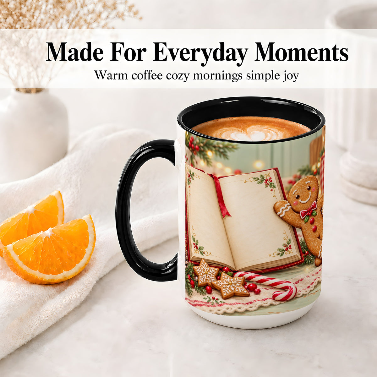 #pl[15oz|Black] Reading Gingerbread Christmas Accent Ceramic Mug, Cozy Book Art