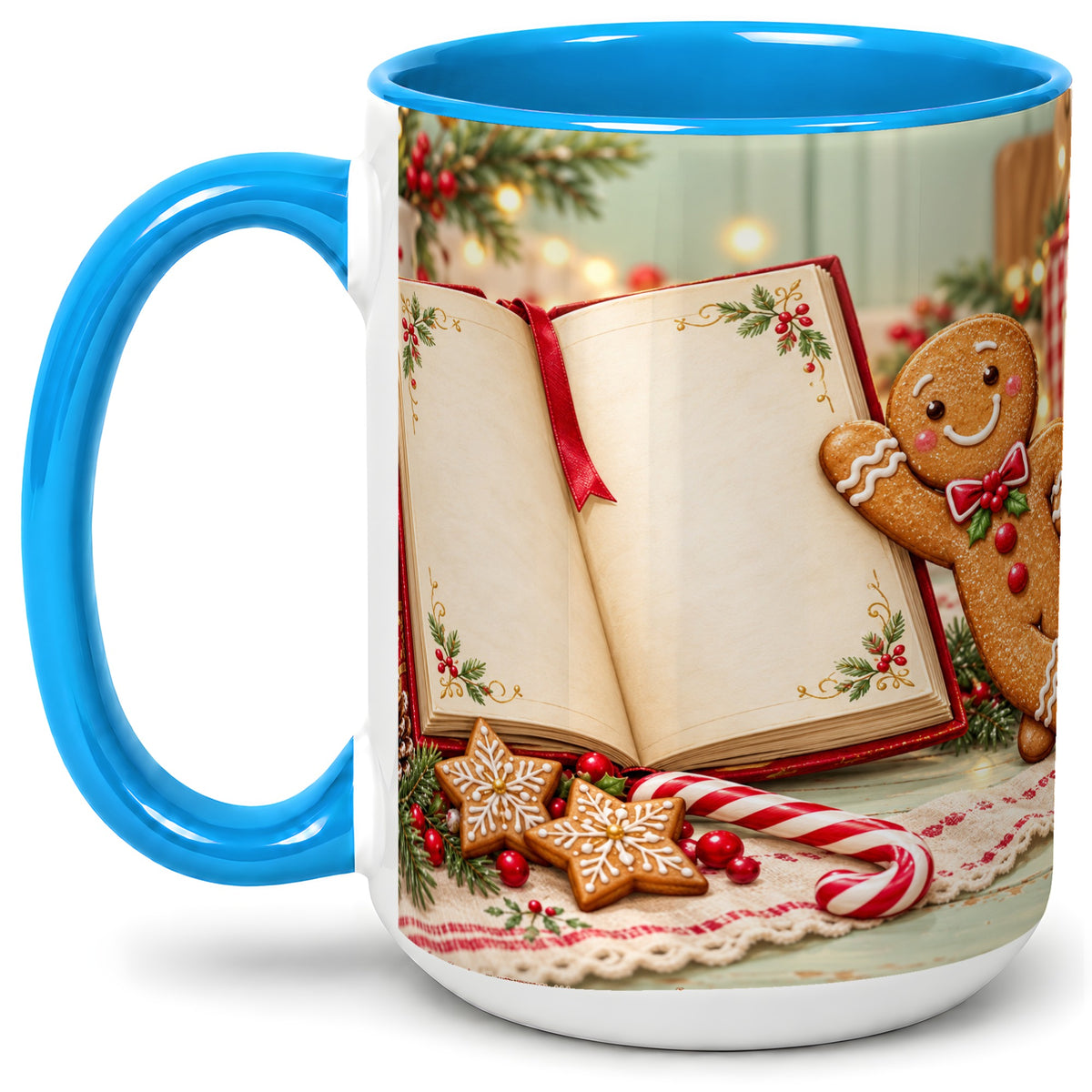 #pl[15oz|Blue] Reading Gingerbread Christmas Accent Ceramic Mug, Cozy Book Art